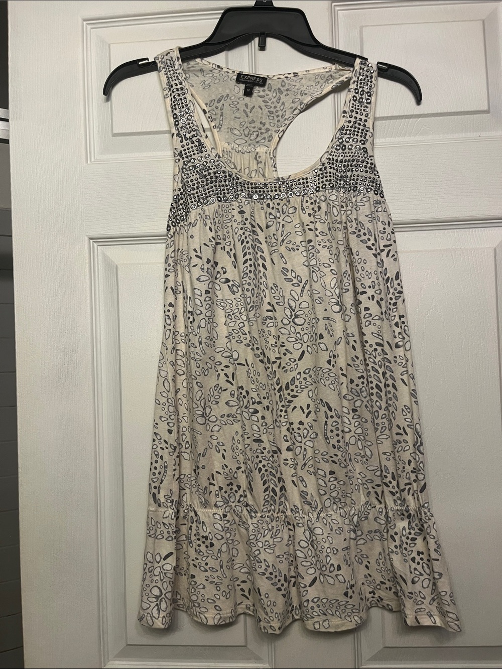 Express Ivory top with Black Leaf Print bling and Racerback